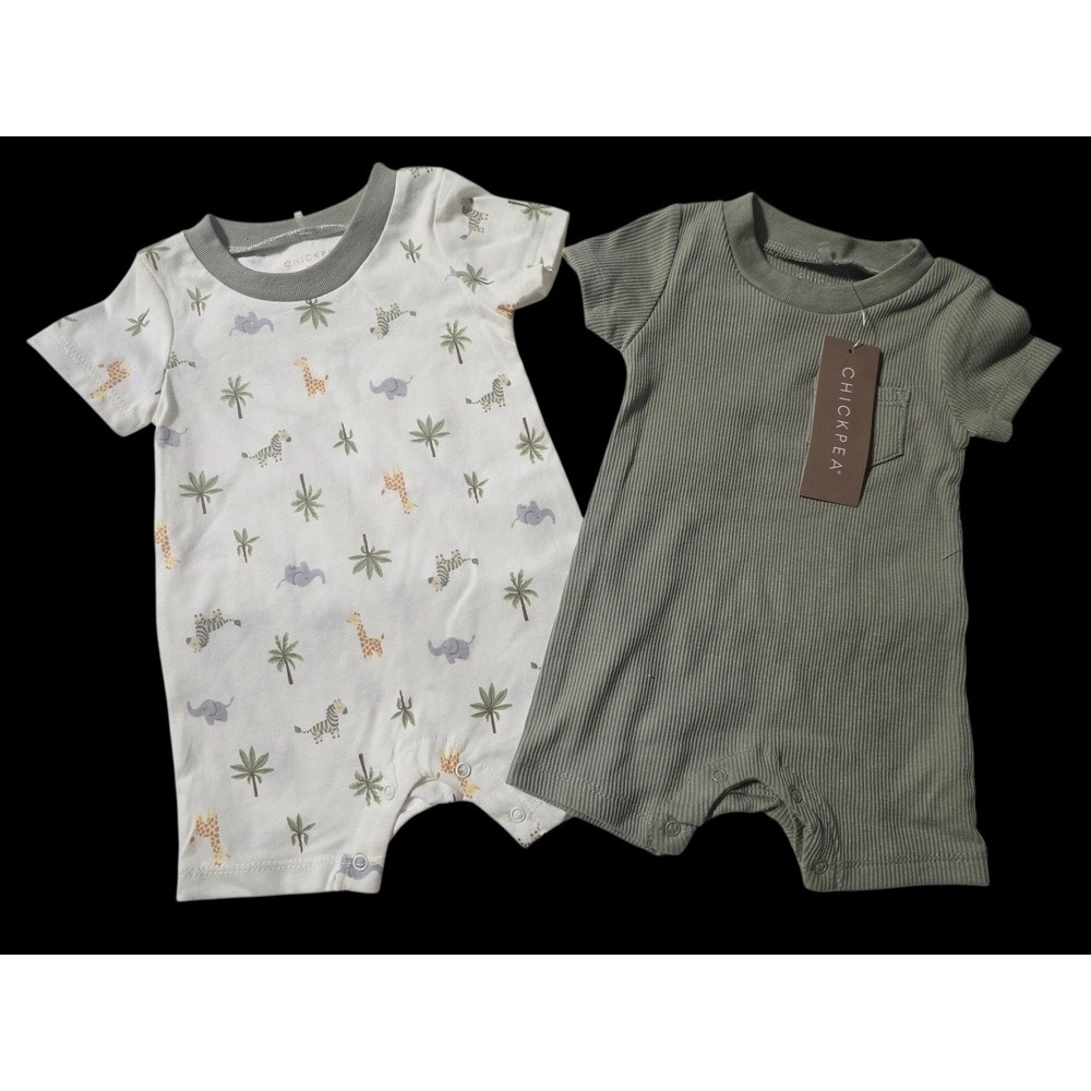 Chickpea Baby Boys 3-6M Romper Set Safari Animal Print‎ Ribbed Sage Green NEW